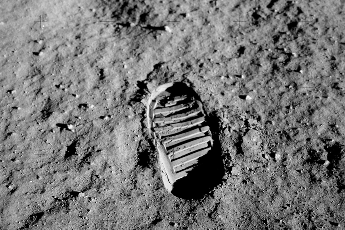 A boot print in the dusty surface of the Moon.