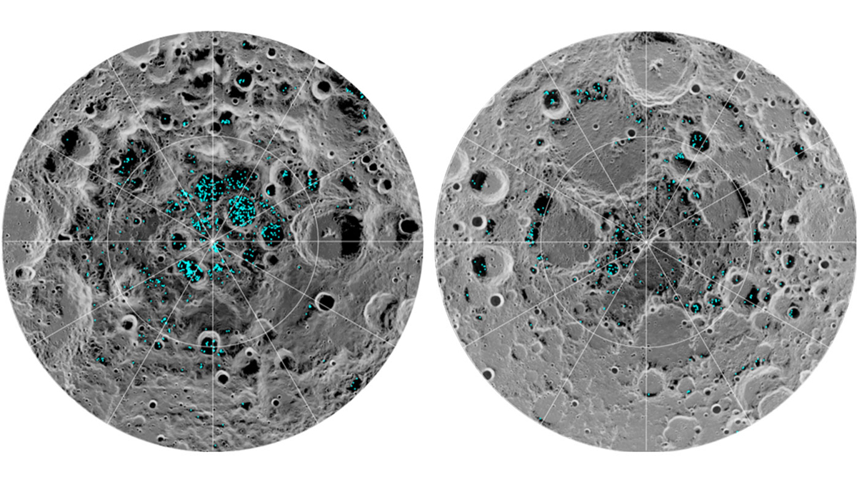 Two side-by-side images of the north and south poles of the Moon with splotches of blue.