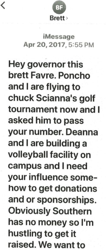 a text message between Brett Favre and Phil Bryant about the volleyball project