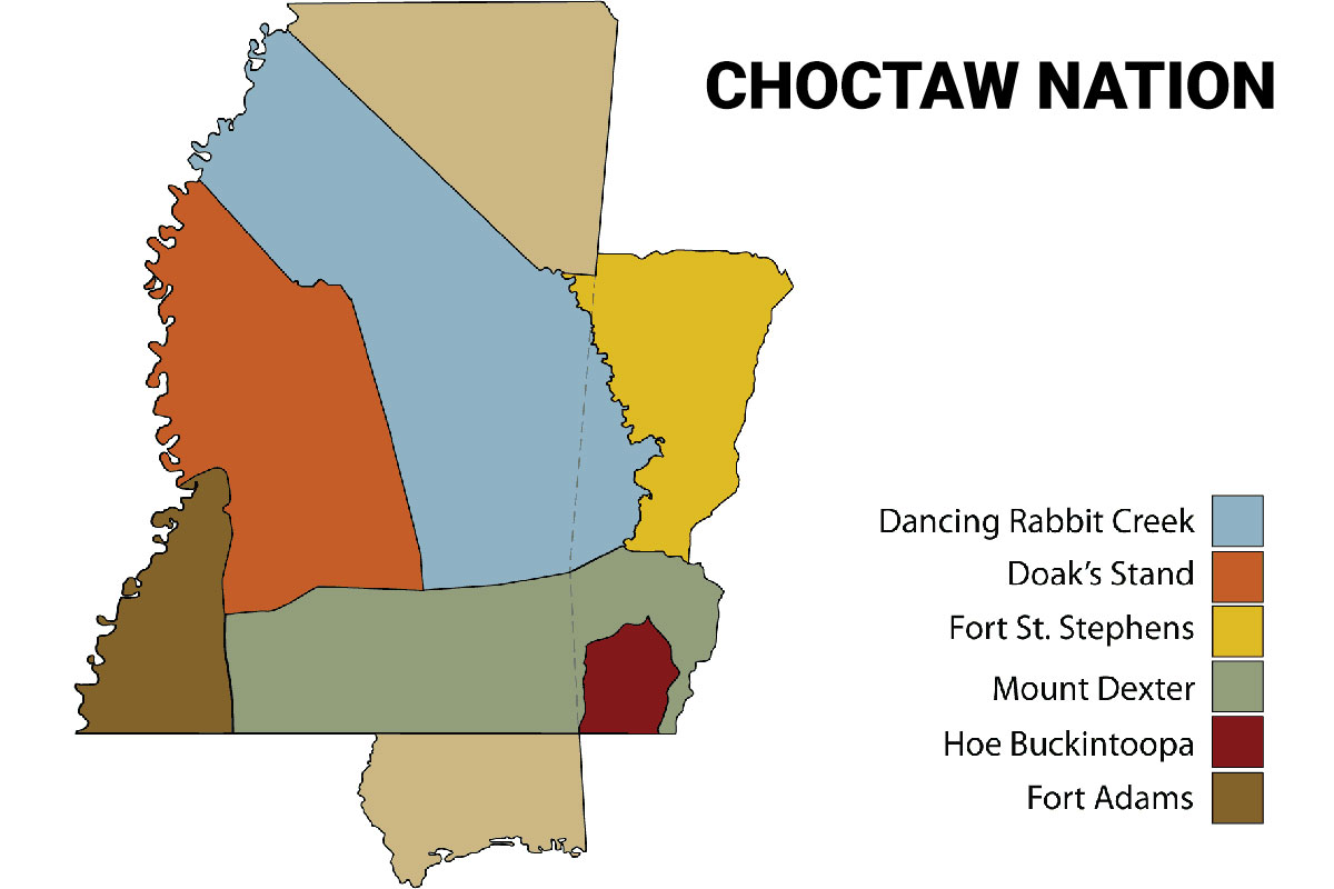 Map of orginal ancestral tribal lands in Mississippi (Choctaw treaty markers)