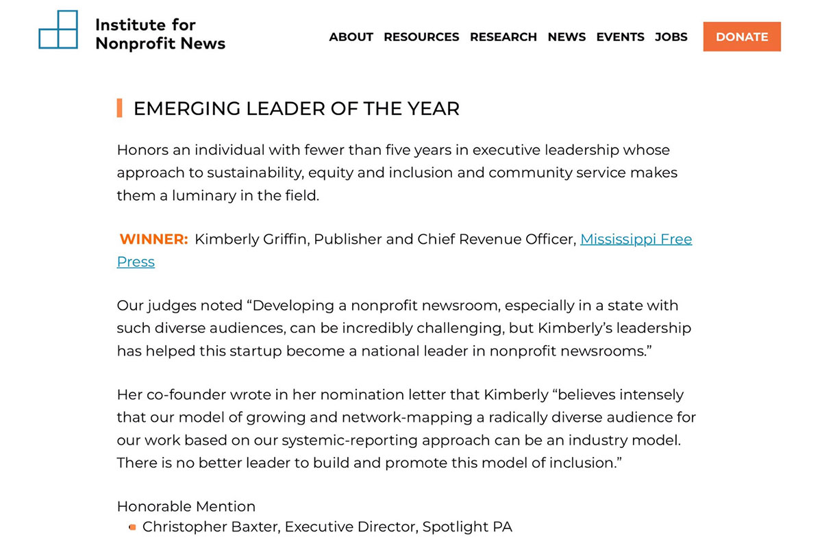 Screenshot of the Emerging Leader of the Year blurb from the INN website 
