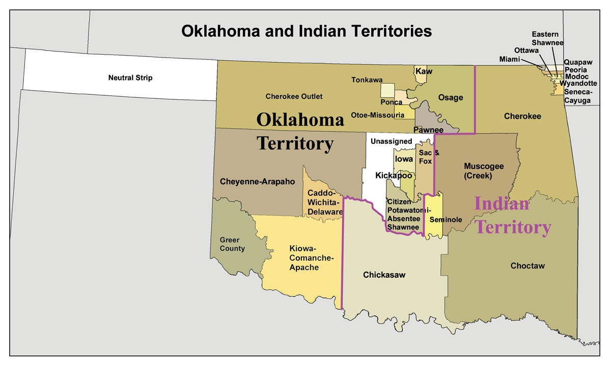 A map of the Oklahoma Territory and the reduced Indian Territory circa 1890's