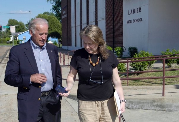 Donna Ladd walks around Lanier High School with Joe Biden