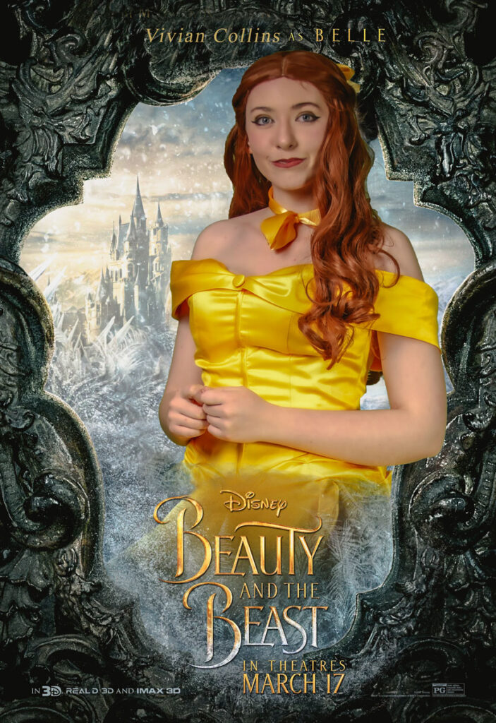 Vivian Collins dressed as Belle from Beauty and the Beast in a mock up movie poster for the same movie