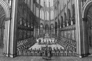 An engraved illustration of Catholic mass