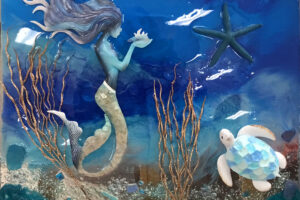 3D art showing a mermaid, turtle, and starfish under water