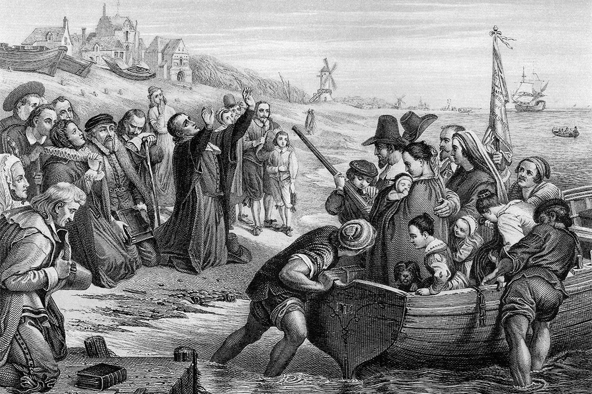 An engraved illustration of the Pilgrim Fathers leaving England.
