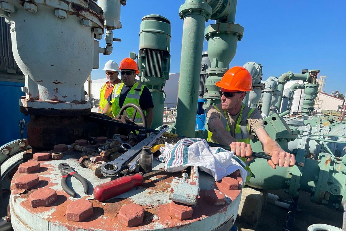 EMAC crews from Littleton, Massachusetts replace valves in conventional raw water pumps today at the O.B. Curtis water plant in Jackson