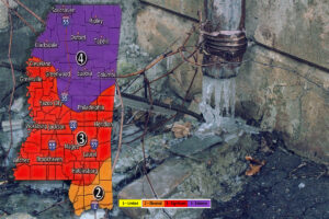 A freeze map of Mississippi overlayed on a photo of a frozen water pipe