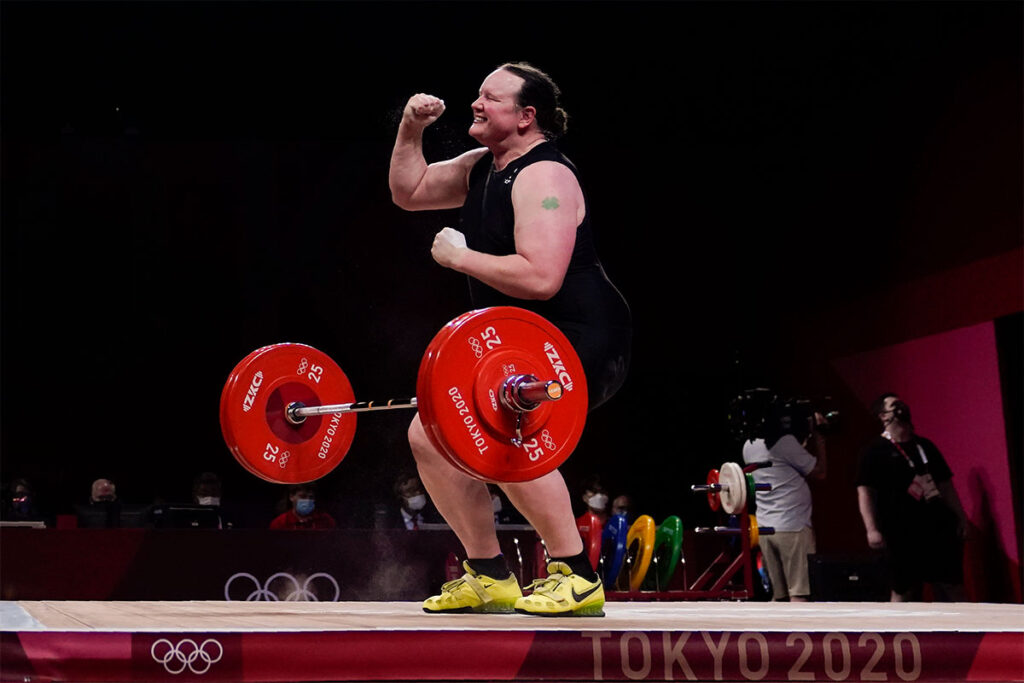 Laurel Hubbard of New Zealand reacts after a lift in the women's +87kg weightlifting event at the 2020 Summer Olympics