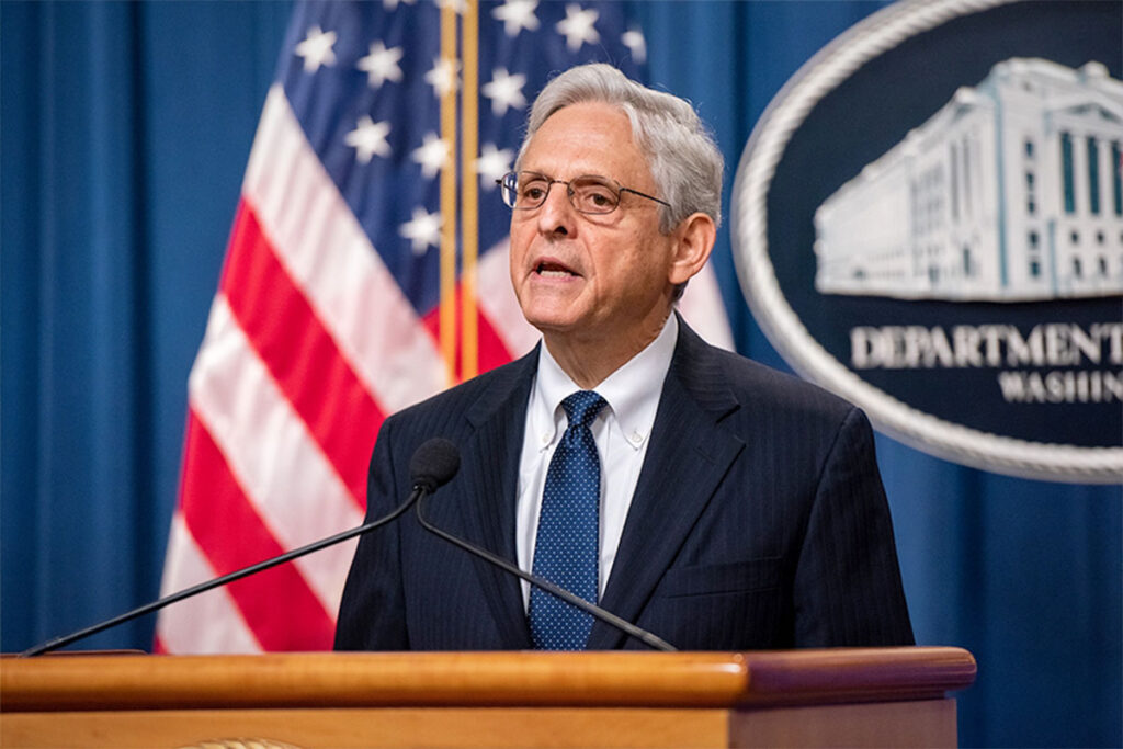 U.S. Department of Justice Merrick Garland speaking at a press conference