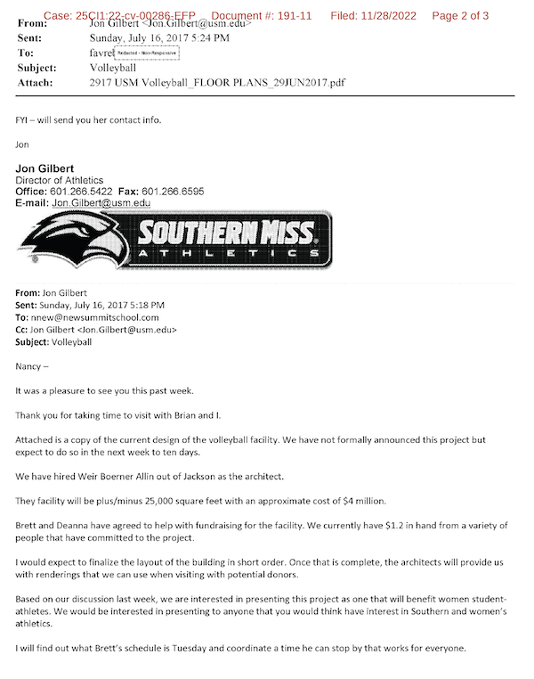 screenshot of Jon Gilbert's email to Nancy New which he forwarded to Brett Favre with the text, "FYI--will send you her contact info"