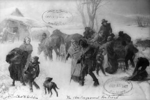 Black and white painting depicting the Underground Railroad in the snow