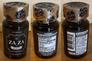 A three side view of a bottle of Zaza White