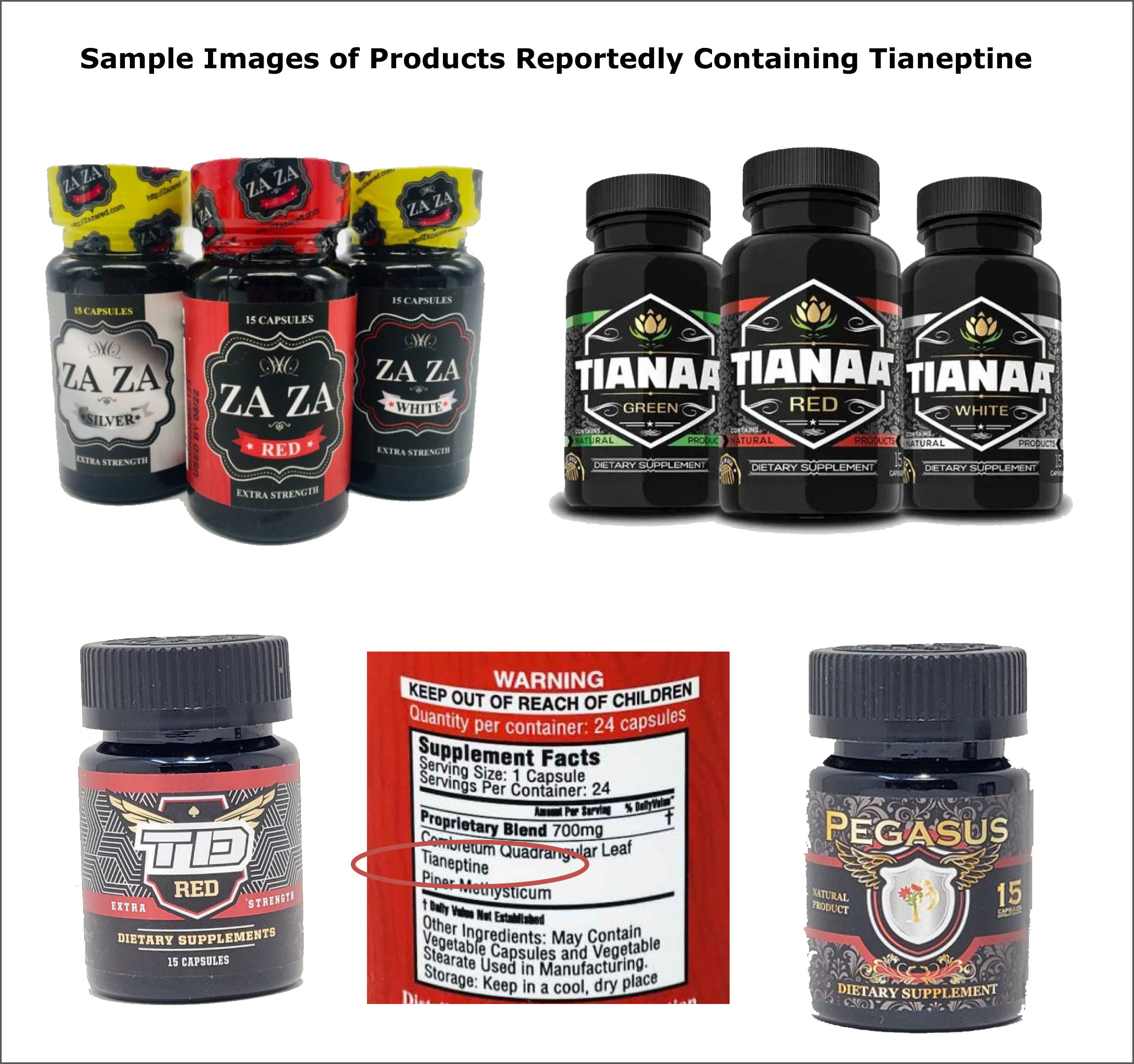Sample images of products reportedly containing tianeptine