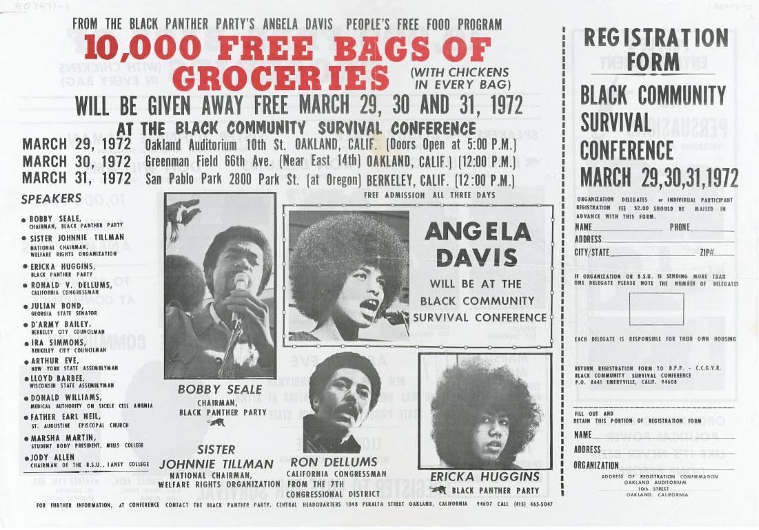 Flier for the 1972 Black Community Survival Conference with promotion provided by the Black Panther Party's Angela Davis People's Free Food Program.