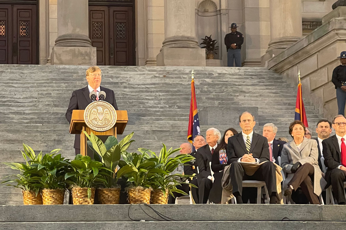 Gov. Tate Reeves gives his State of the State Address on the steps of the capitol