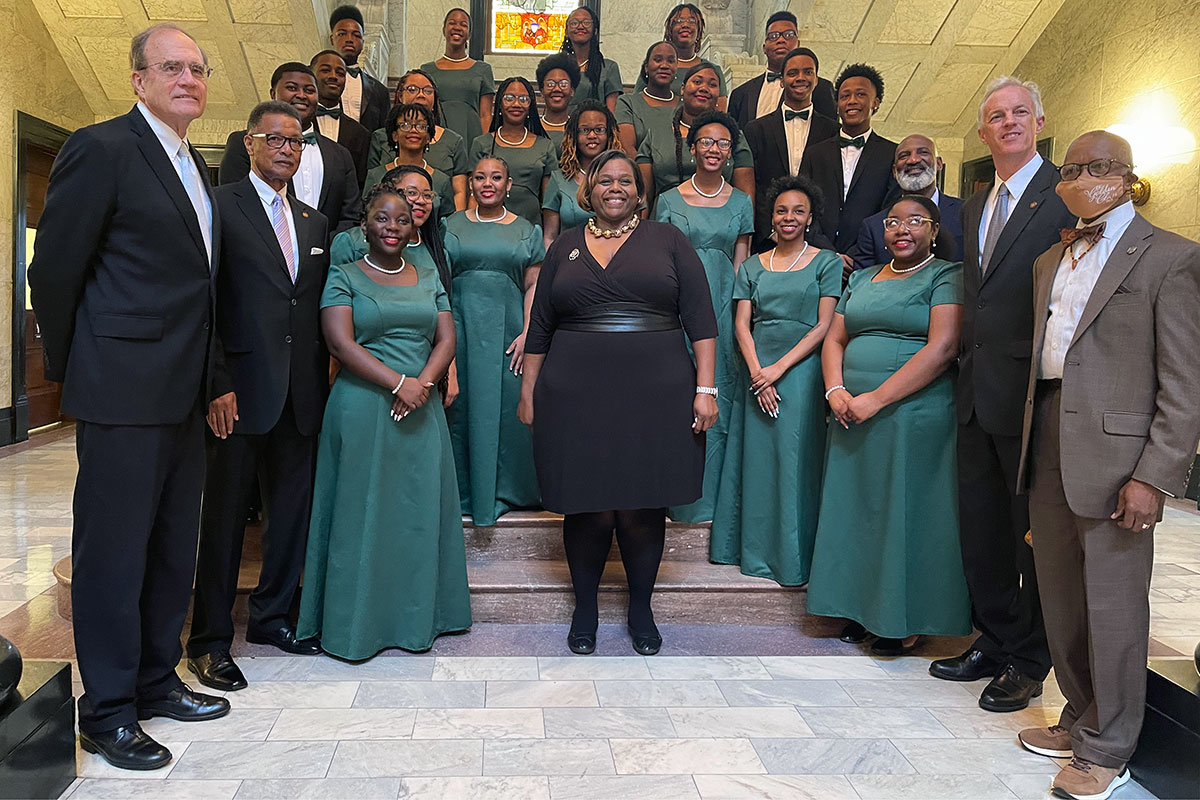 The Jim Hill High School Choir poses for a group photo at the State Capitol