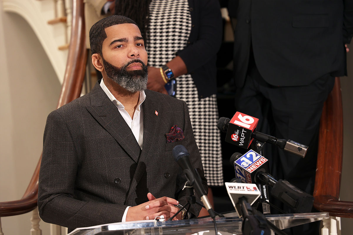 Jackson Mayor Chokwe A. Lumumba speaking at a podium
