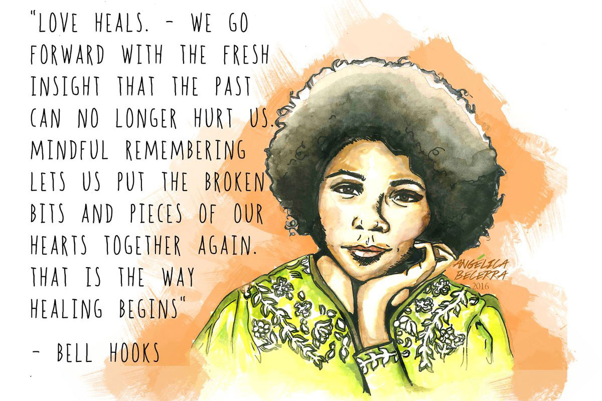 Illustration of bell hooks in a green floral top against an orange background with a quote by Bell Hooks