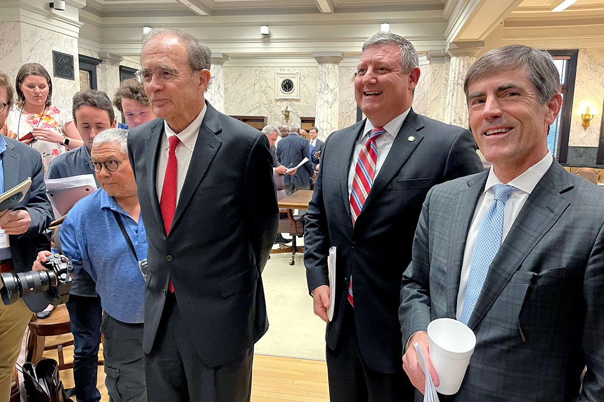 Lt. Gov. Delbert Hosemann, Mississippi Sen. Education Committee Chairman Dennis DeBar, and Sen. Education Committee Chairman W. Briggs Hopson III at a press conference