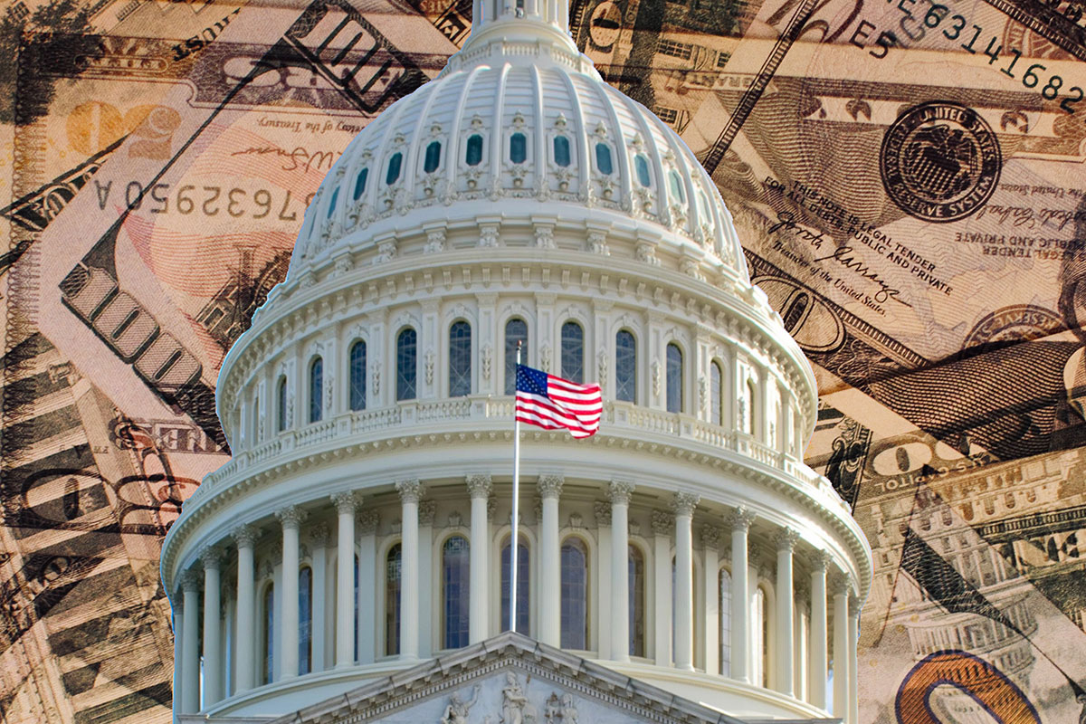 A photo collage showing the US Capitol atop US currency (student loan debt)