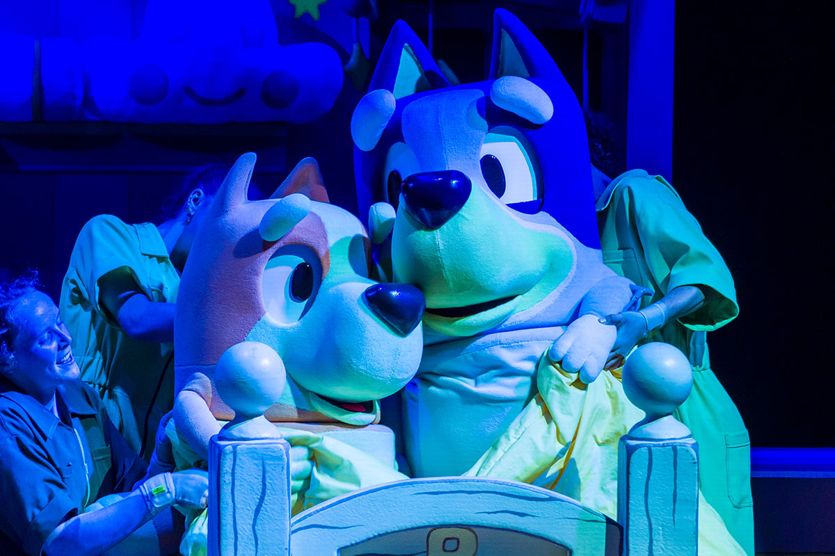 Bluey's Big Play review night performance as actors maneuver human sized animal puppets on stage