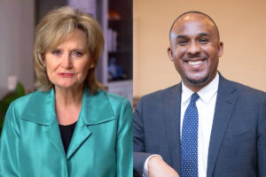 Side by Side image of Cindy Hyde-Smith on the left and Scott Colom on the right