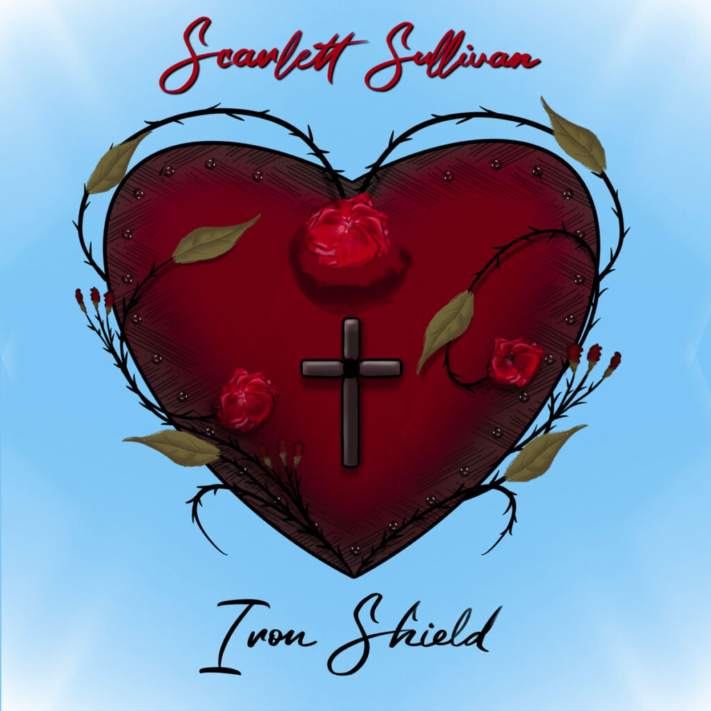 A heart surrounded by thorny vines. It reads Scarlett Sullivan above and Iron Shield below