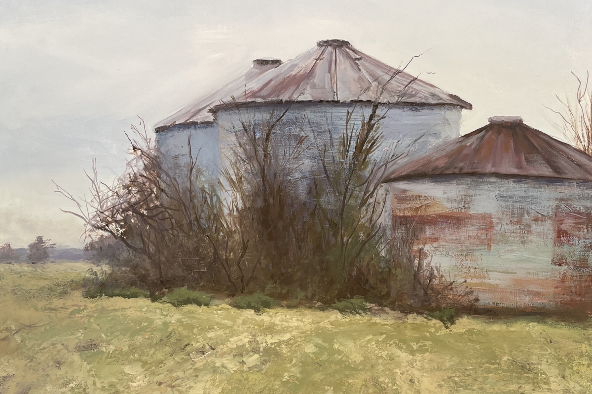 Painting of three grain barns
