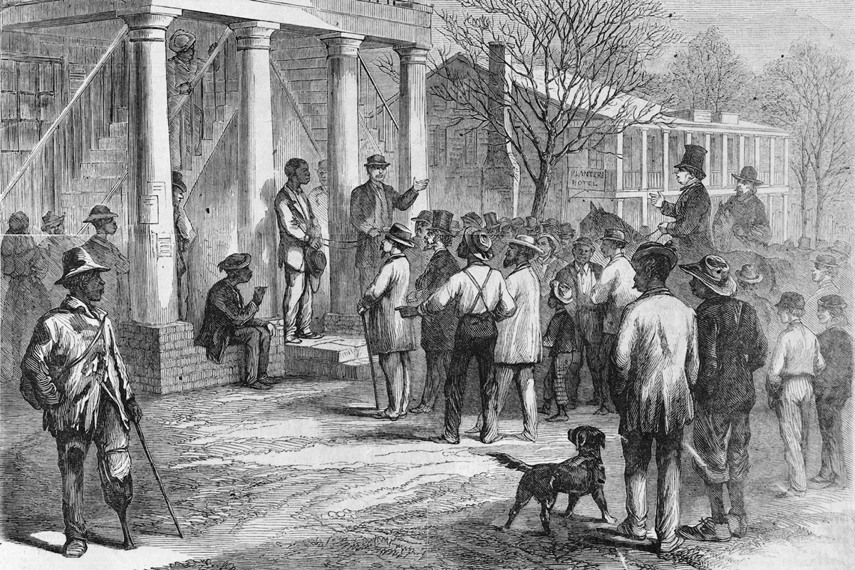A drawing of a Black man standing on a porch with people surrounding him (Black officials)