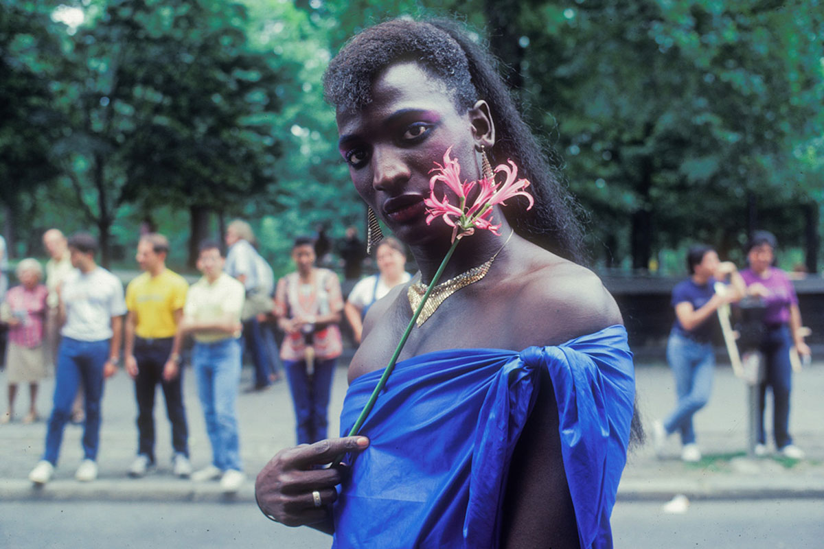A person wears an off the shoulder b blue wrap top while holding a red flower