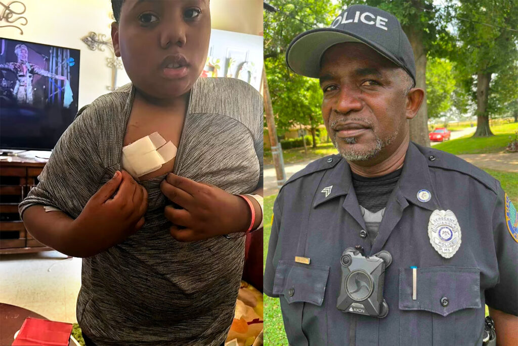 Side by side photo of Aderrien Murry, left, pulling down the neck of his shirt to show a bandaged spot on his chest, and police officer Greg Capers on the right