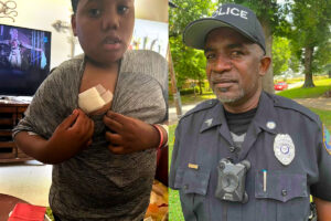 Side by side photo of Aderrien Murry, left, pulling down the neck of his shirt to show a bandaged spot on his chest, and police officer Greg Capers on the right