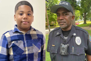 Side by side photos of Aderrien Murry in a blue shirt, and police officer Greg Capers in uniform