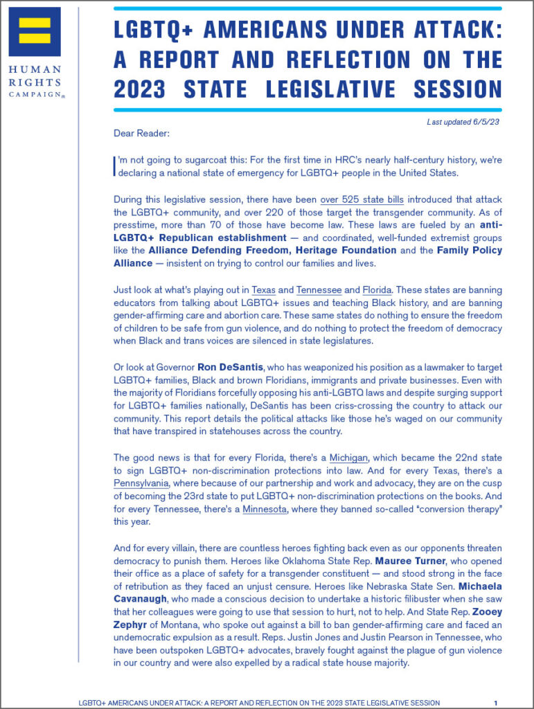 LGBTQ+ AMERICANS UNDER ATTACK: A REPORT AND REFLECTION ON THE 2023 STATE LEGISLATIVE SESSION