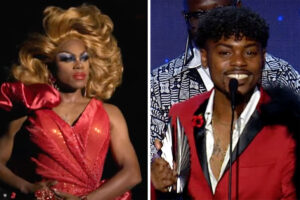 Side by side of De'Bronski Jefferson in drag and in a red suit
