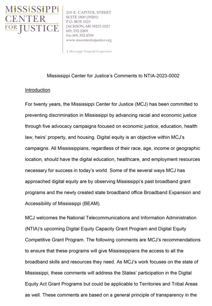Mississippi Center for Justice’s Comments to NTIA-2023-0002