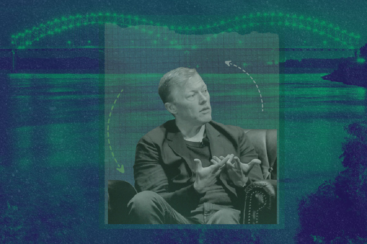 A photo of a man sitting and talking superimposed over a dreamy blue and green night time river scene (poverty)