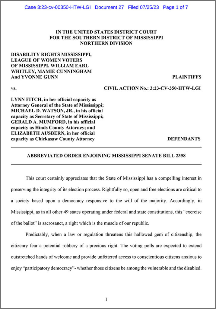 2023-07-25 Disability Rights Mississippi v Lynn Fitch Order enjoining