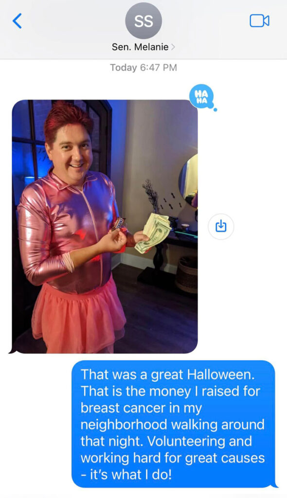 Screenshot of text message from Melanie Sojourner shows her sending a photo of Jeremy England in a pink onesie and England replying: “That was a great Halloween. That is the money I raised for breast cancer in my neighborhood walking around that night. Volunteering and working hard for great causes - it's what I do!”