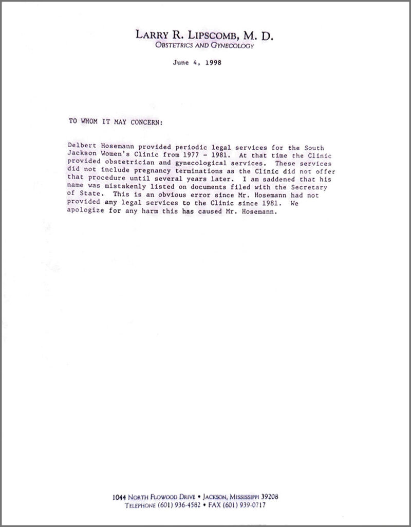 Larry Lipscomb Letter 6.4.98