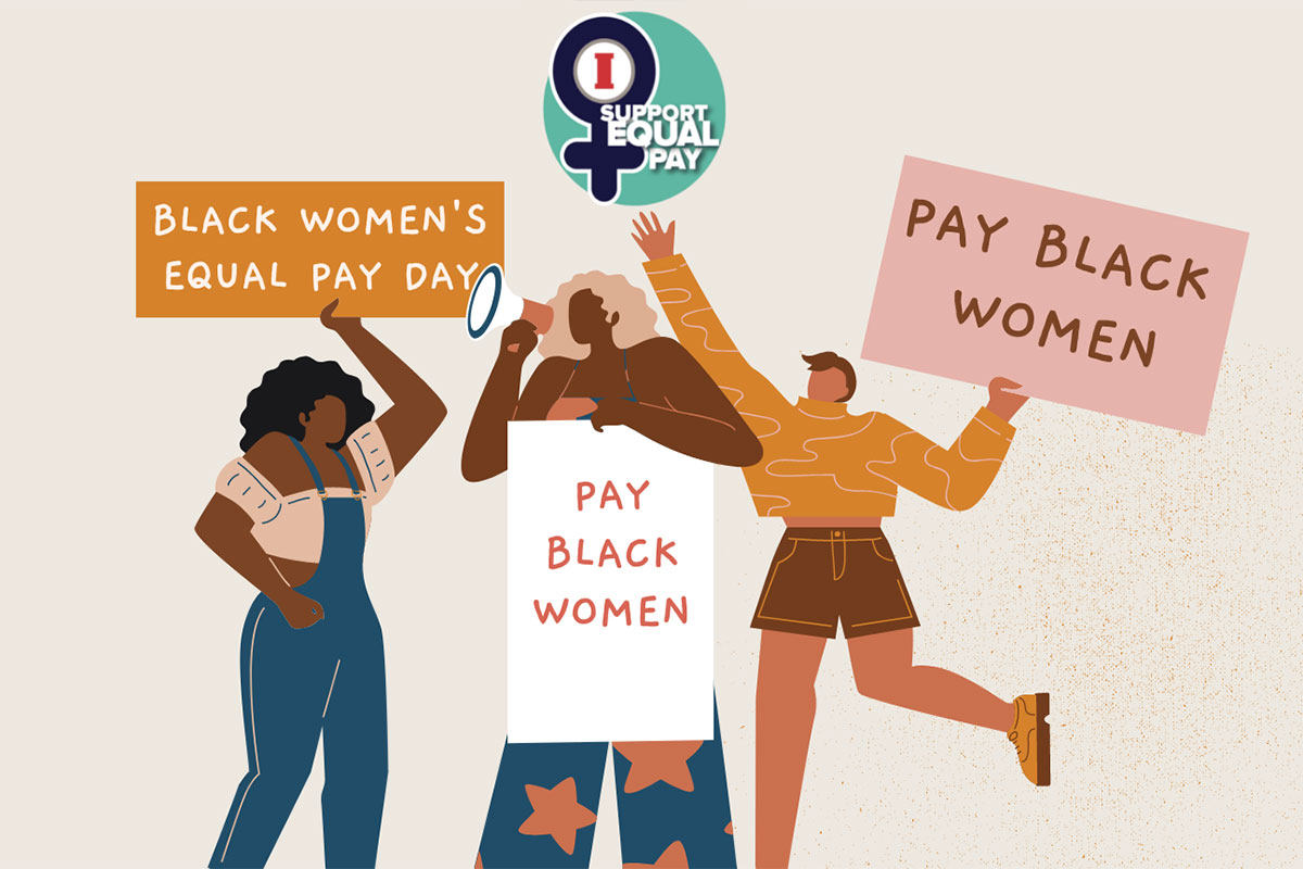 Illustration of three black women holding signs that say "Black Women's Equal Pay Day" and "Pay Black Women"