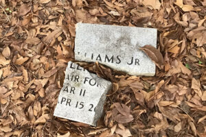 Two square pieces of a broken headstone sits amid brown fall leaves.