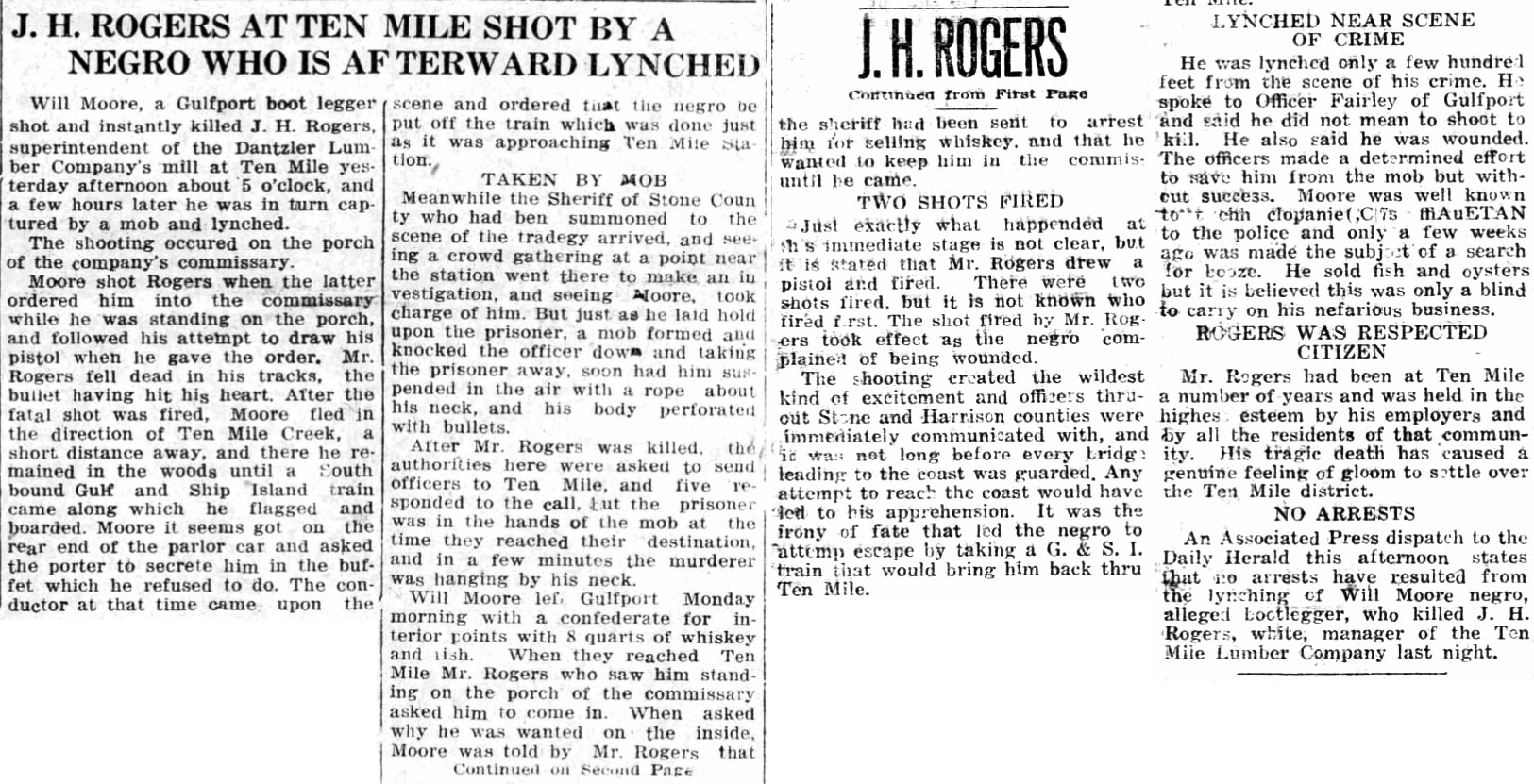 Newspaper clippings of an old article titled: "J. H. Rogers at Ten Mile Shot by a Negro who is Afterward Lynched"