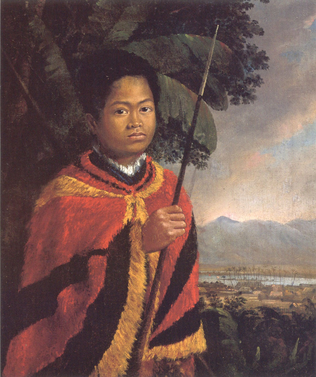 A painting of a young man in a red cloak, holding a staff