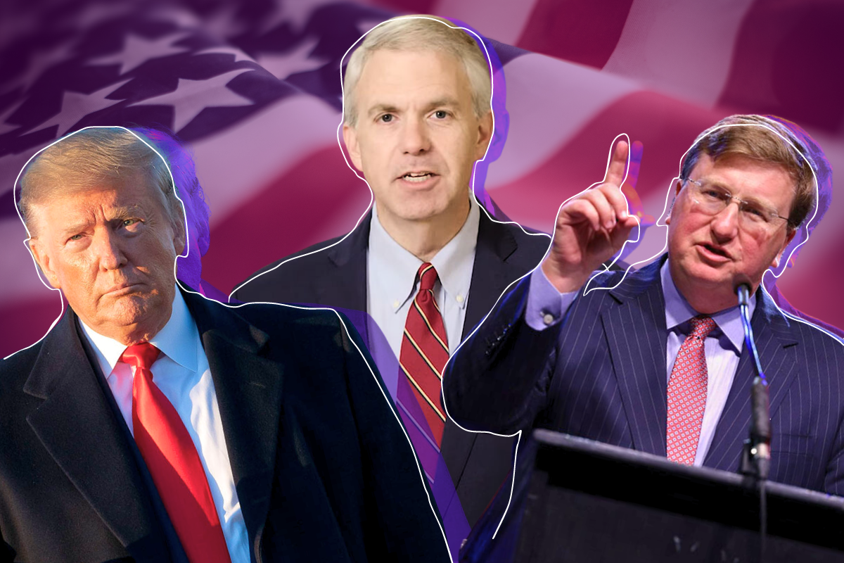 A composite graphic including Donald Trump, Brandon Presley and Tate Reeves