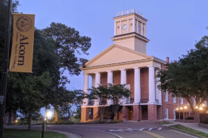 An exterior view of a columned building on Alcorn State University's campus