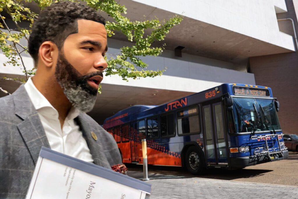 Mayor Chokwe A. Lumumba is interposed over a photo of a blue and orange JTRAN bus driving downtown