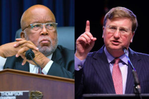 a photo of Bennie Thompson on the left, and of Tate Reeves with his finger pointed up on the right